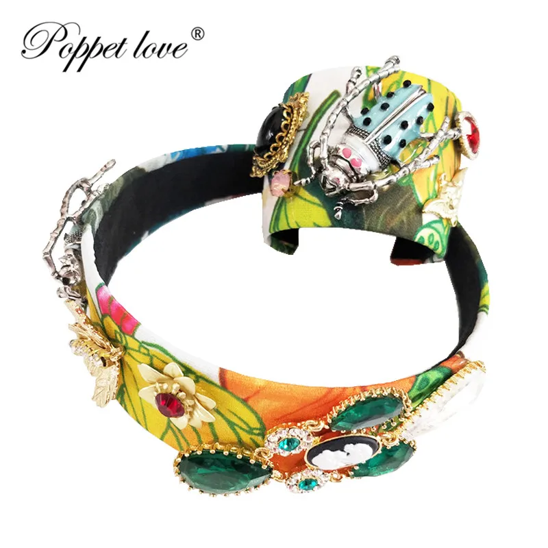 

Baroque Luxury Gold Leaves Rhinestone Bridal Crown Insect Tiaras Green Crystal Diadem Bracelet for Bride Headbands Party