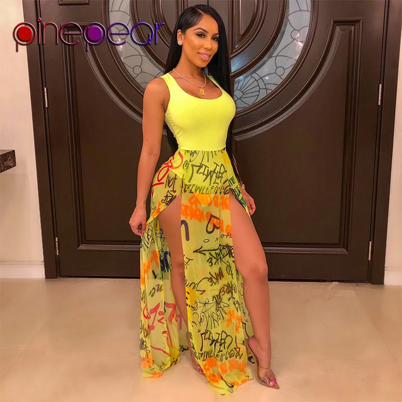 

PinePear Colourful Letters Print High Slit Maxi Mesh Dress Women Sexy Cute Doodling Street Dress Fashion Streetwear Dropshipping