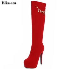 Elissara женские зимние ботинки Для женщин сапоги до колена на высоком каблуке; женская пикантная обувь на платформе с круглым носком размера плюс; большие размеры 33-43