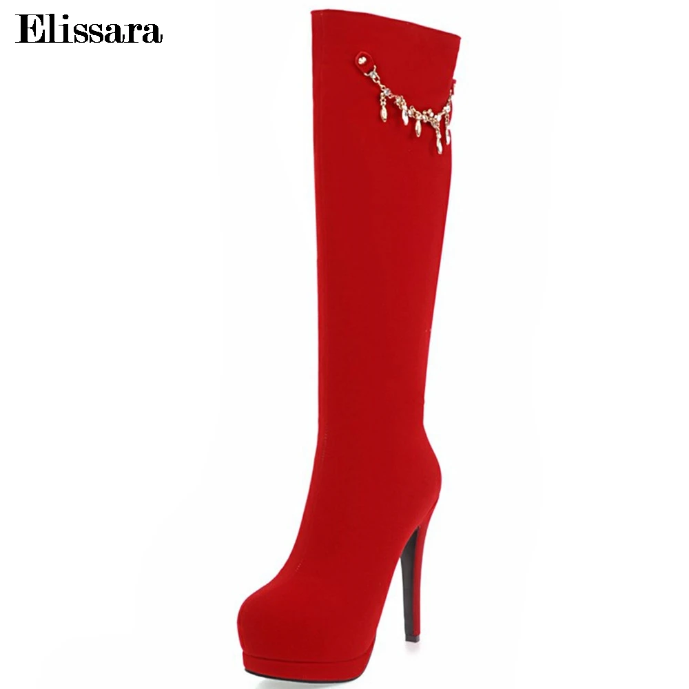 

Elissara Women Winter Boots Women High Heels Knee High Boots Ladies Sexy Round Toe Platform Shoes Plus Size 33-43
