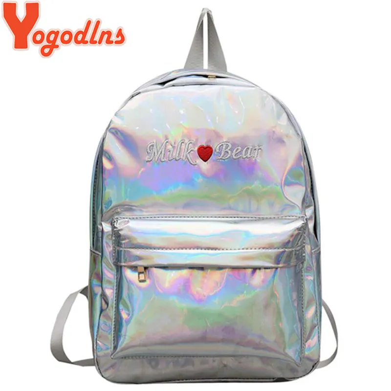 

Yogodlns Street Hip Pop Holographic Women Backpack Letters Laser Hologram PU Leather Girls Shoulder School Rucksack