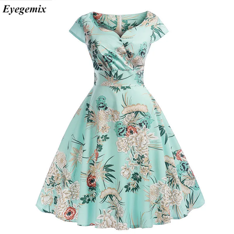 

2019 V-Neck Big Swing Vintage Christmas Dress Women Summer 50s Elegant Party Dresses Casual Short Sleeve Floral Plus Size Dress