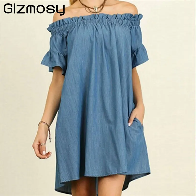 Women dress New Fashion Designer Loose Slash neck Jeans Dresses Summer