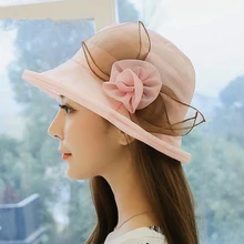 High End Classic Summer Folding Beach Sun Hat Lady Organza Flower Bowknot Bow Tie Grace Fedora Female Cute Hemming Hats