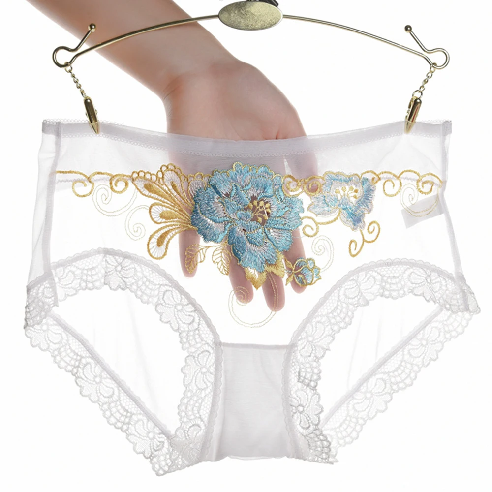 

Sexy Flower Crotch Embroidered Underwear Transparent Cotton Mesh Brief Lace Mid Waist Panties Lingerie Tempting Seamless Vintage