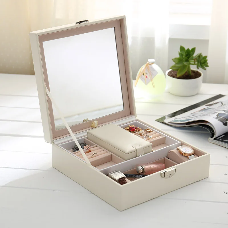 

High Quality Crocodile Pattern PU Leather Jewelry Boxes Three Double Drawer Jewelry Display Gift Box with Mirror