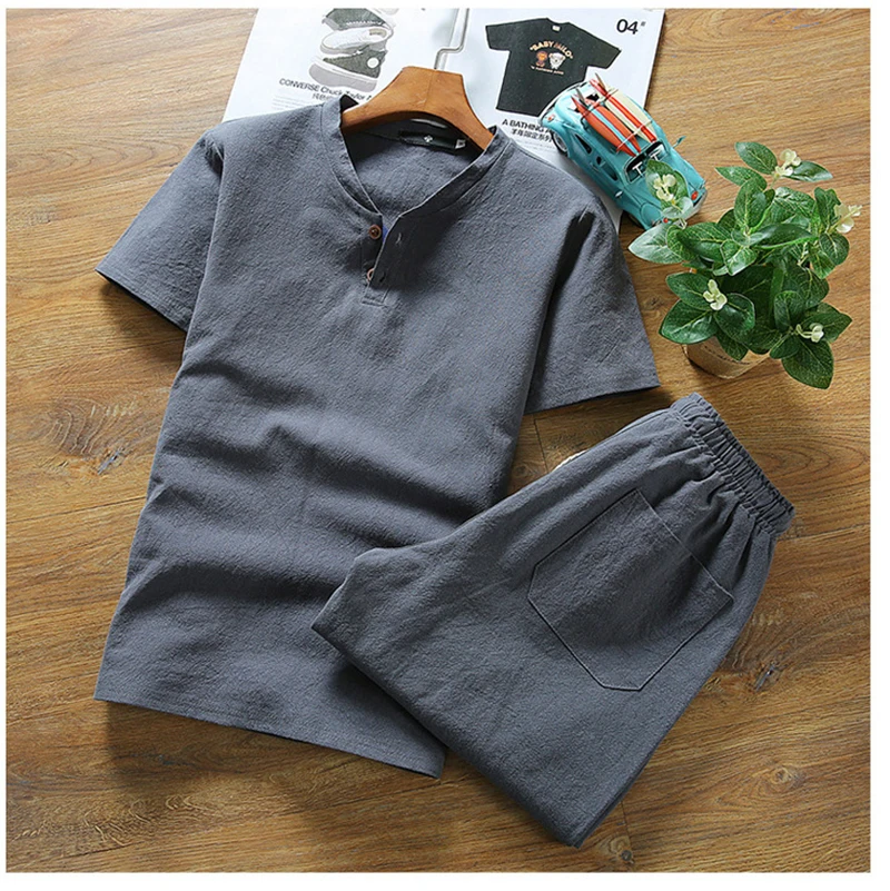 

Summer Clothes 2019 Tracksuit Men Short Track Suits jogging O-Neck Solid Elastic Waist Gym Sweatpants Two Piece Set Top Home S
