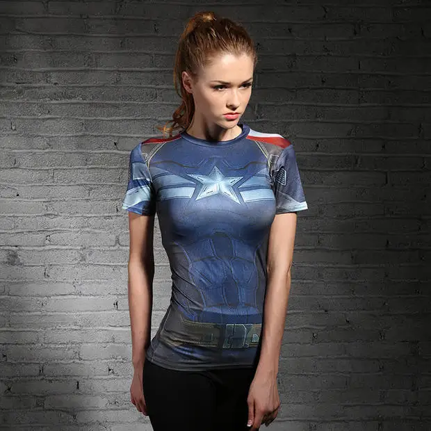

2016 NEW batman vs superman Avengers Captain America tights woman fitness Sweat elastic short-sleeved t shirt