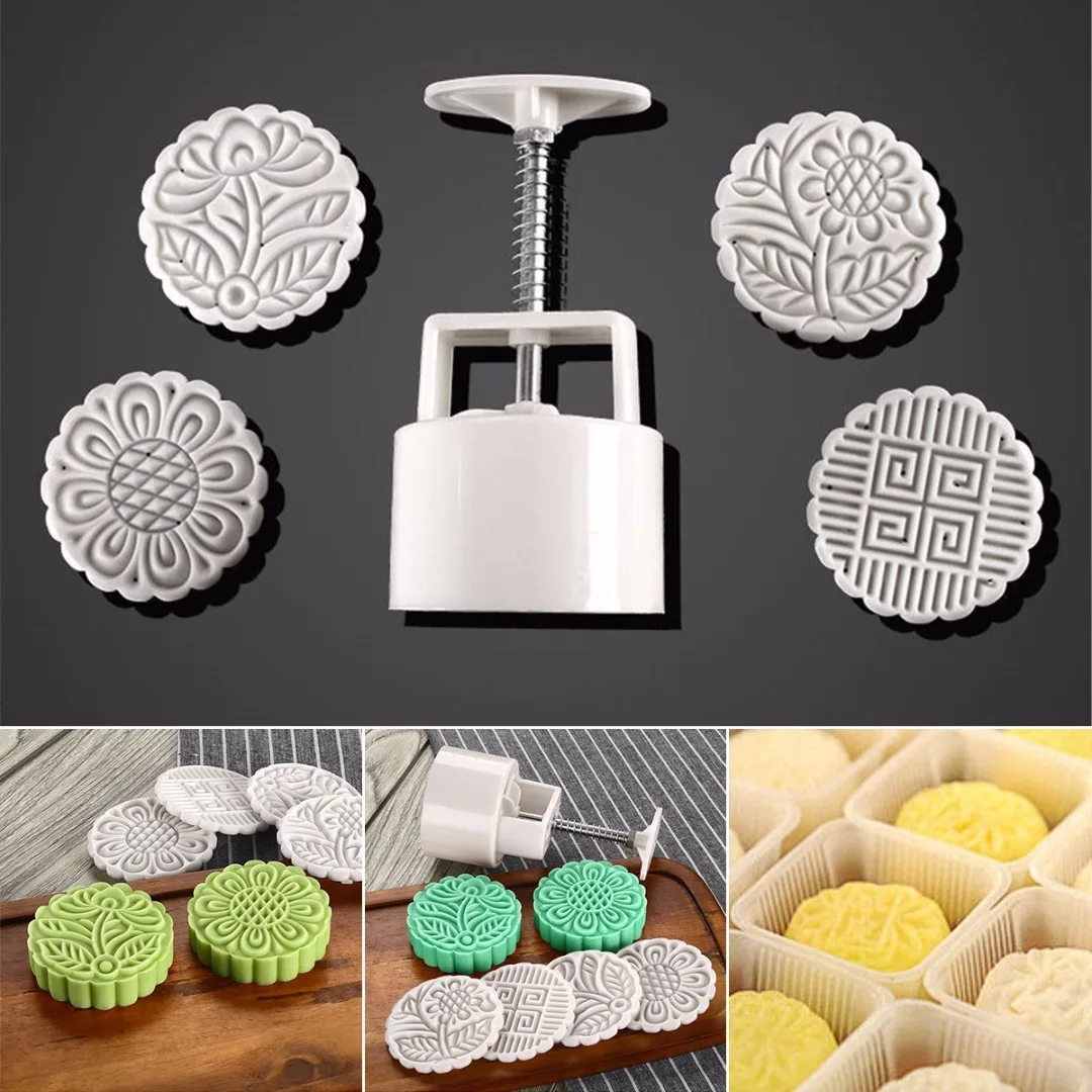 New Round Mooncake Pastry Mold Hand Pressing Mooncake Molds With 4pcs Stamps Cookies Biscuit Mold DIY Tool