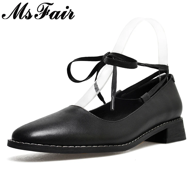 

MsFair Round Toe Square heel Women Pumps Genuine Leather Ladies Med Heel Pumps 2018 Spring Fashion Shallow Lace Up Women's Pumps