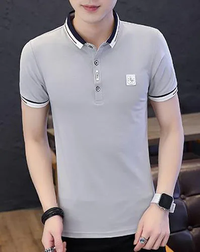 Мужская рубашка поло с короткими рукавами, новинка года, летнее тонкое Мужское поло с отворотом, рубашка для мальчиков-подростков,, корейский стиль, P09 - Цвет: Серый