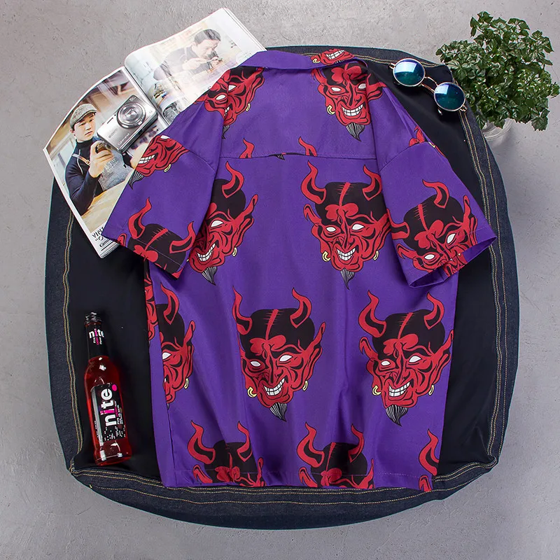 Devil Full Printing Turn-down Collar Casual Shirts Men hip hop streetwear harajuku japanses korean shirts men women 14