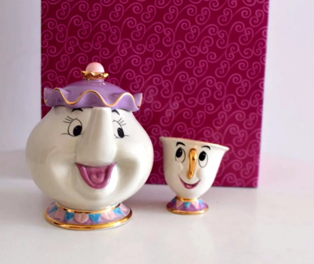 Красота и чудовище Mrs Potts чип кофе чайный сервиз горшок, кружка, чашка фарфоровый чайник 18K позолоченный керамический Рождественский подарок