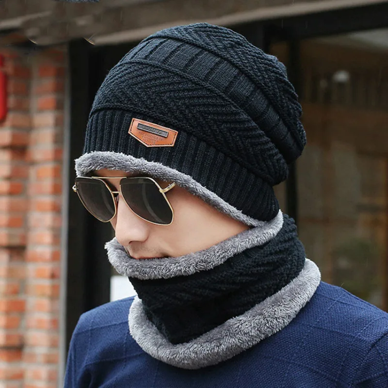 

2018 Autumn Winter Plus Cashmere Caps Men's Knitted Hat Bib Two-piece Arrow Leather Standard Earmuffs Wool Hat