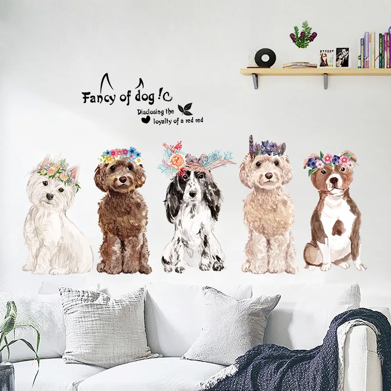 Cartoon Animal Dogs with a flower wreath Wall Stickers fancy of doggie kids room living room fashion home decor diy vinyl decals