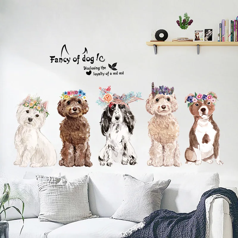 Мультяшные животные собаки с цветочный венок наклейки на стену Необычные собачки детская комната гостиная модный домашний декор diy винилов...