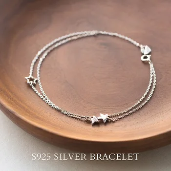 

Real. 925 Sterling Silver Jewelry Double Layers /Multi-Rows Stars Chain Bracelet with clear white stone set GTLS347