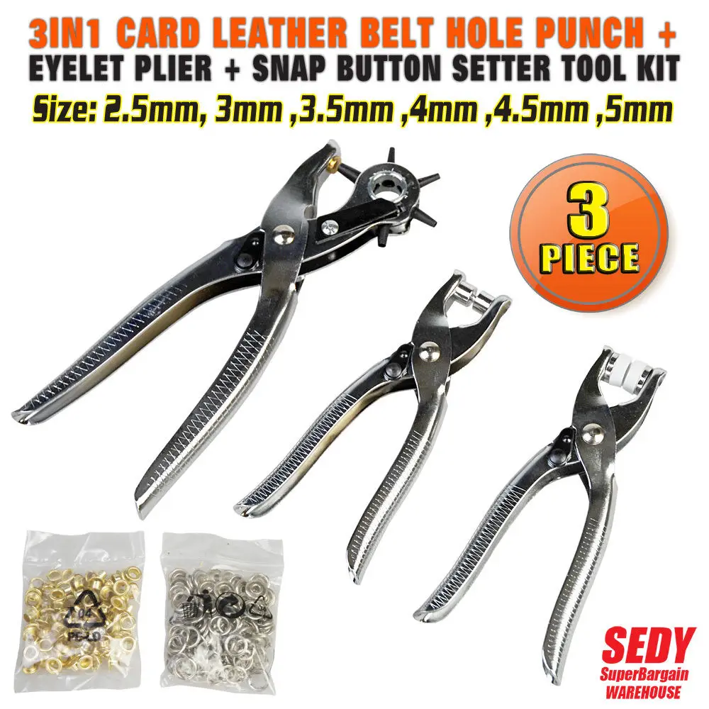 3 Pieces 3in1 Card Leather Belt Hole Punch +Eyelet Plier +Snap Button Setter Eyelet Snap Punch