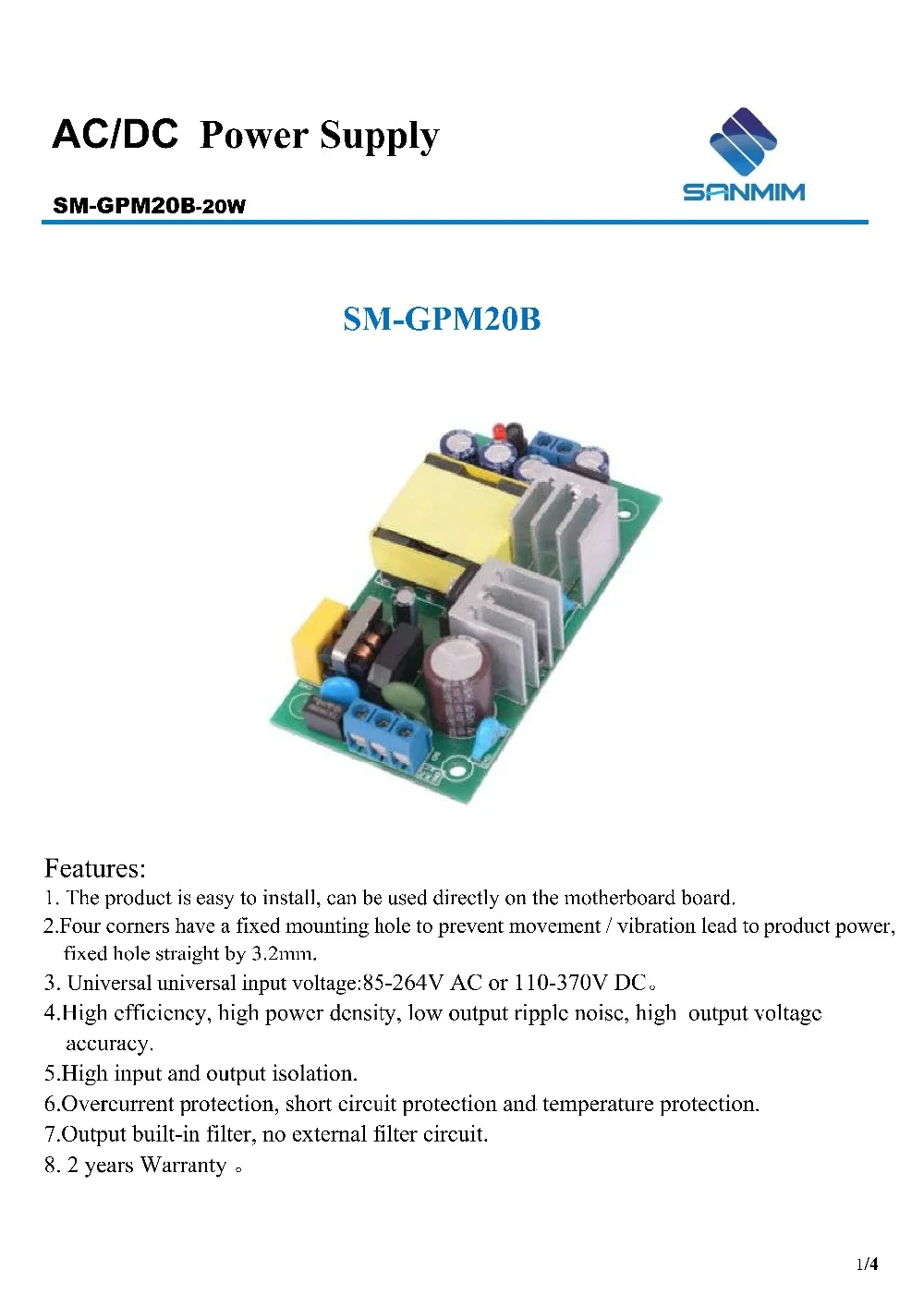 SANMIN AC220V-DC5V 3A 15 Вт блок питания изолированный переключатель модуль питания от 220 до 5 В голая доска GPM20B5V