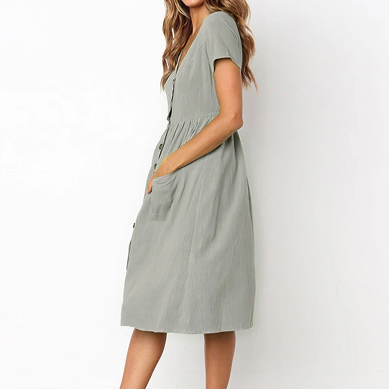 Women's Sexy Summer Dresses 2019 Boho Short Sleeve Button Solid Midi Dress Sundress With Pockets Lady Beach Party Dress Vestidos