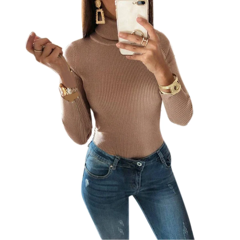 Women's Slim Bodysuits 2019 Autumn Winter Khaki Gray Green Body Suits Female Turtleneck Skinny Long Sleeve Knitted Tops Jumper