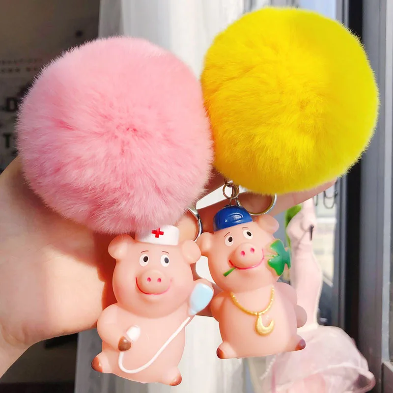

12 Styles Cartoon PVC Animal Pig Keychain Rex Rabbit Fur Pom Pom Key Chain Ring Swine Llavero Pompon Keyring Charm Bag Pendant