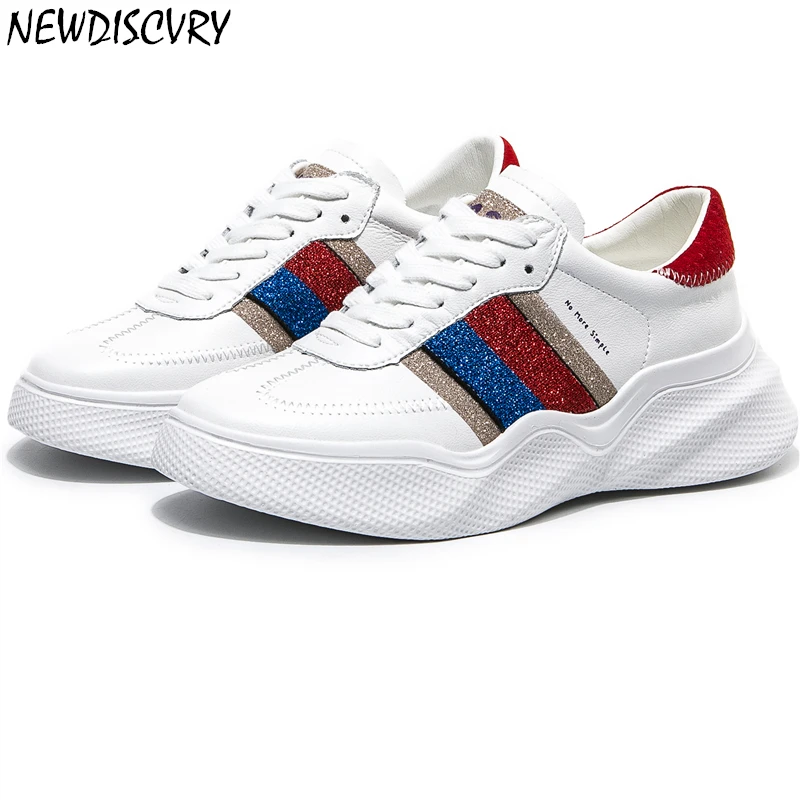 

NEWDISCVRY Genuine Leather White Women Flat Sneakers 2019 Breathbale Women's Trainers Shoe Woman Comfort Casual Lady Footwear
