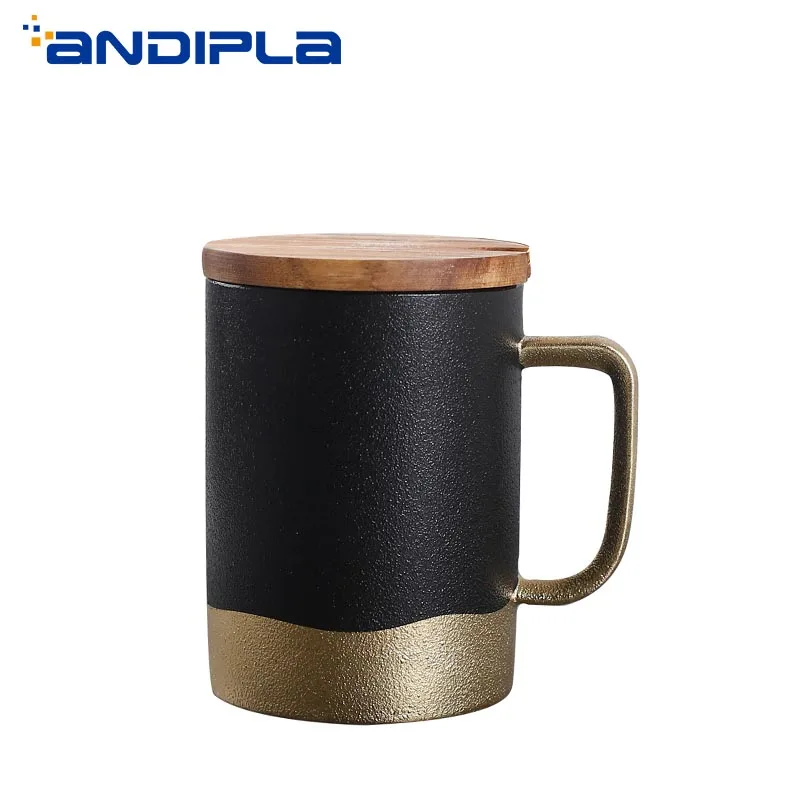 

480ml Creative Ceramic Pottery Mug with Spoon Wooden Lid Brief Golden Black Coffee Milk Tea Mug Office Water Cups Home Drinkware