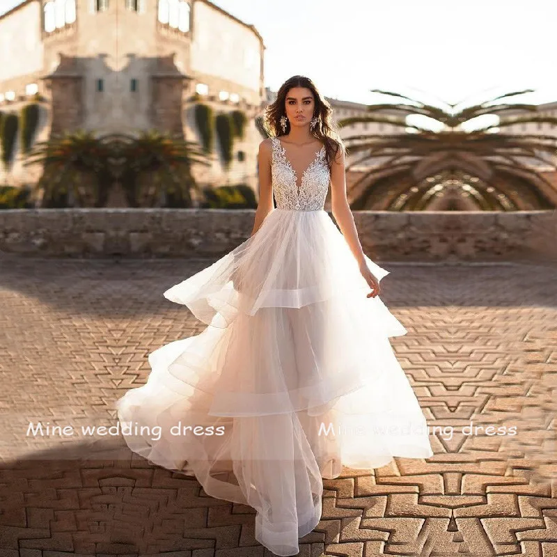 ТРАПЕЦИЕВИДНОЕ свадебное платье с глубоким v-образным вырезом и оборками без рукавов, свадебные платья, аппликации из кружева свадебное платье с открытой спиной Vestido de Noiva