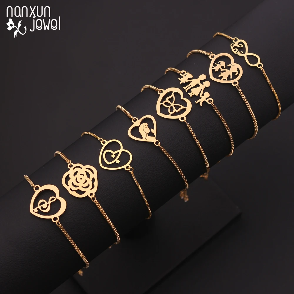 

Simple Style Gold Color Charm Bracelet Box Chain Jewelry Wedding Accessories Family&Rose Shape Mother" Day Gifts For Women Girls
