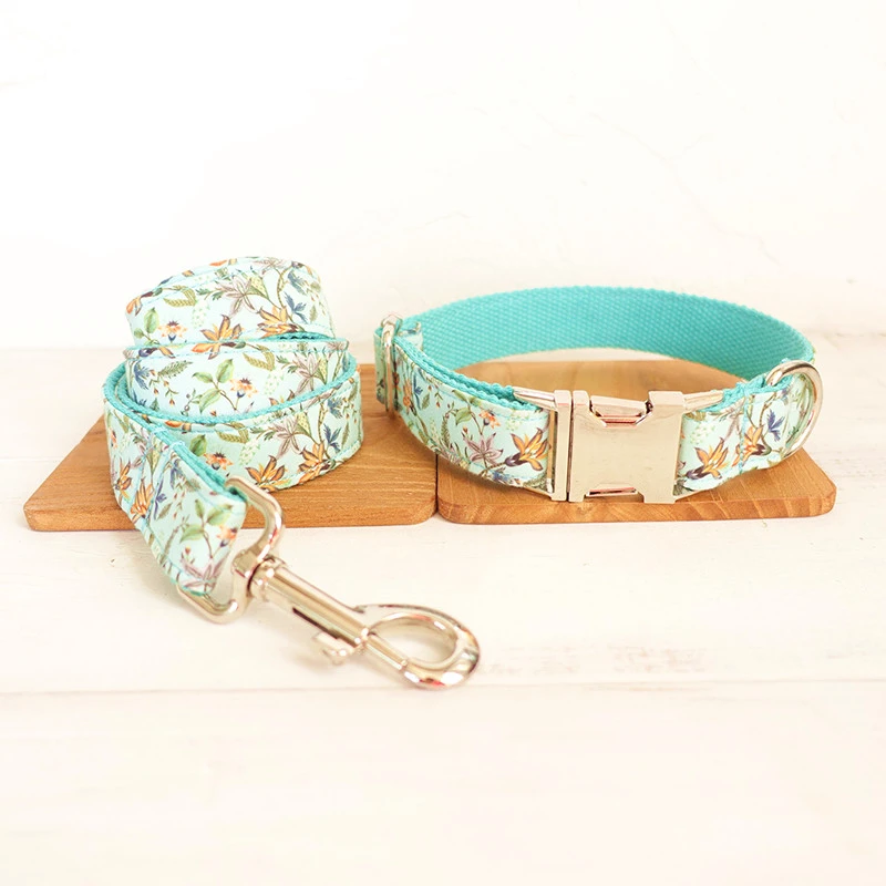 

GLORIOUS KEK Dog Collar Turquoise Flowers Pet Collar Custom Engrave Name Pet Collar and Leash Set Quick Release Nylon Necklace