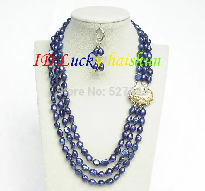 

Wholesale 20" 3row 12mm baroque navy blue pearls necklace dangle Earrings set