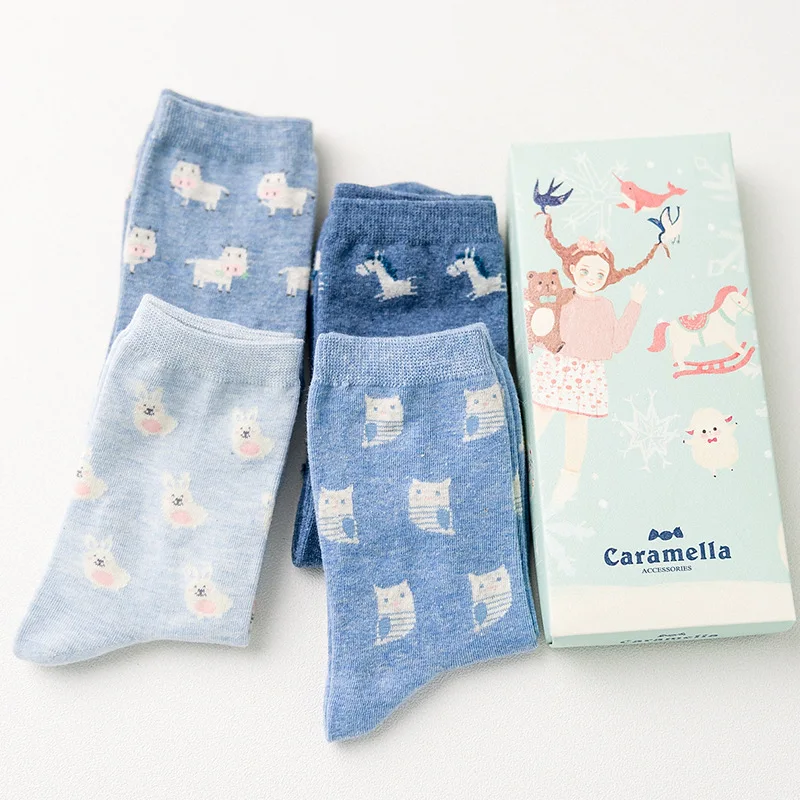 Gift Box women cute cartoon animal series cotton socks for ladies autumn winter fashion socks 4pairs/box