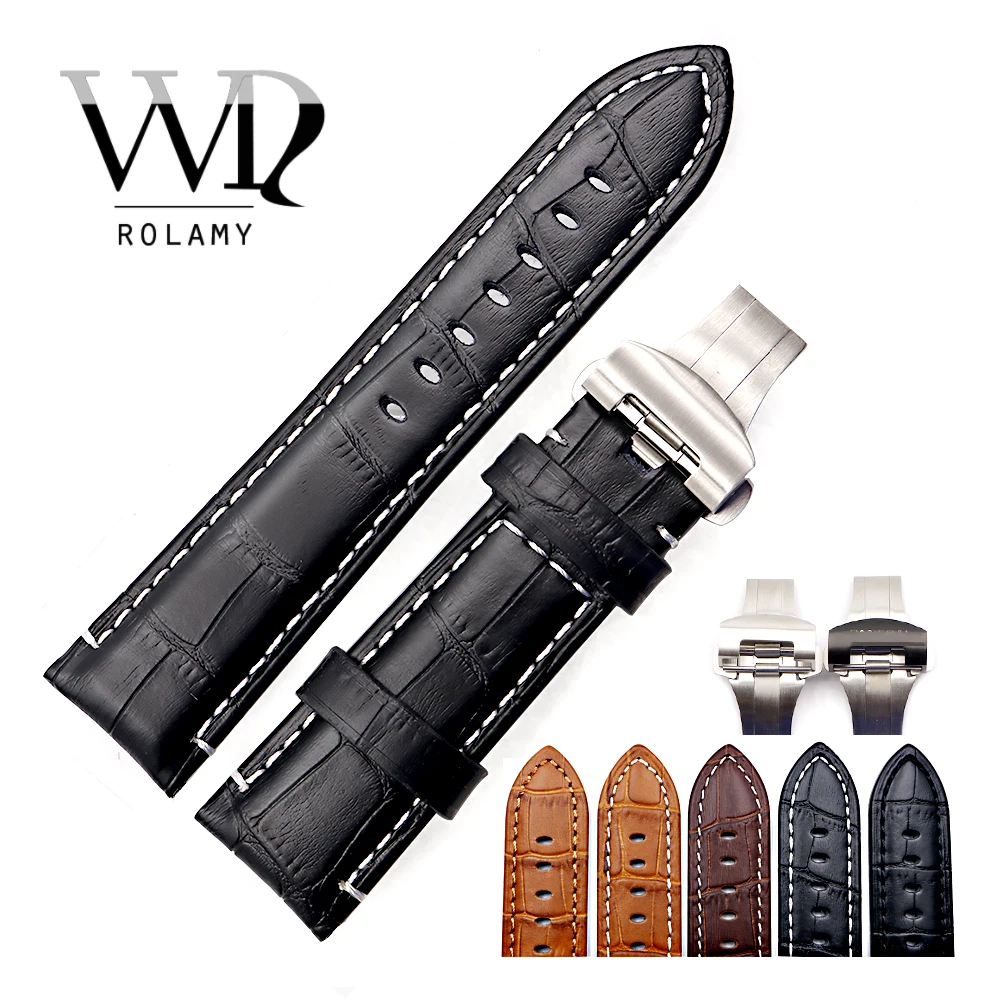 

Rolamy 22 24mm VINTAGE Black Brown Watch Band Genuine Calf Leather Crocodile Grain Thick Strap Belt Silver Black Clasp