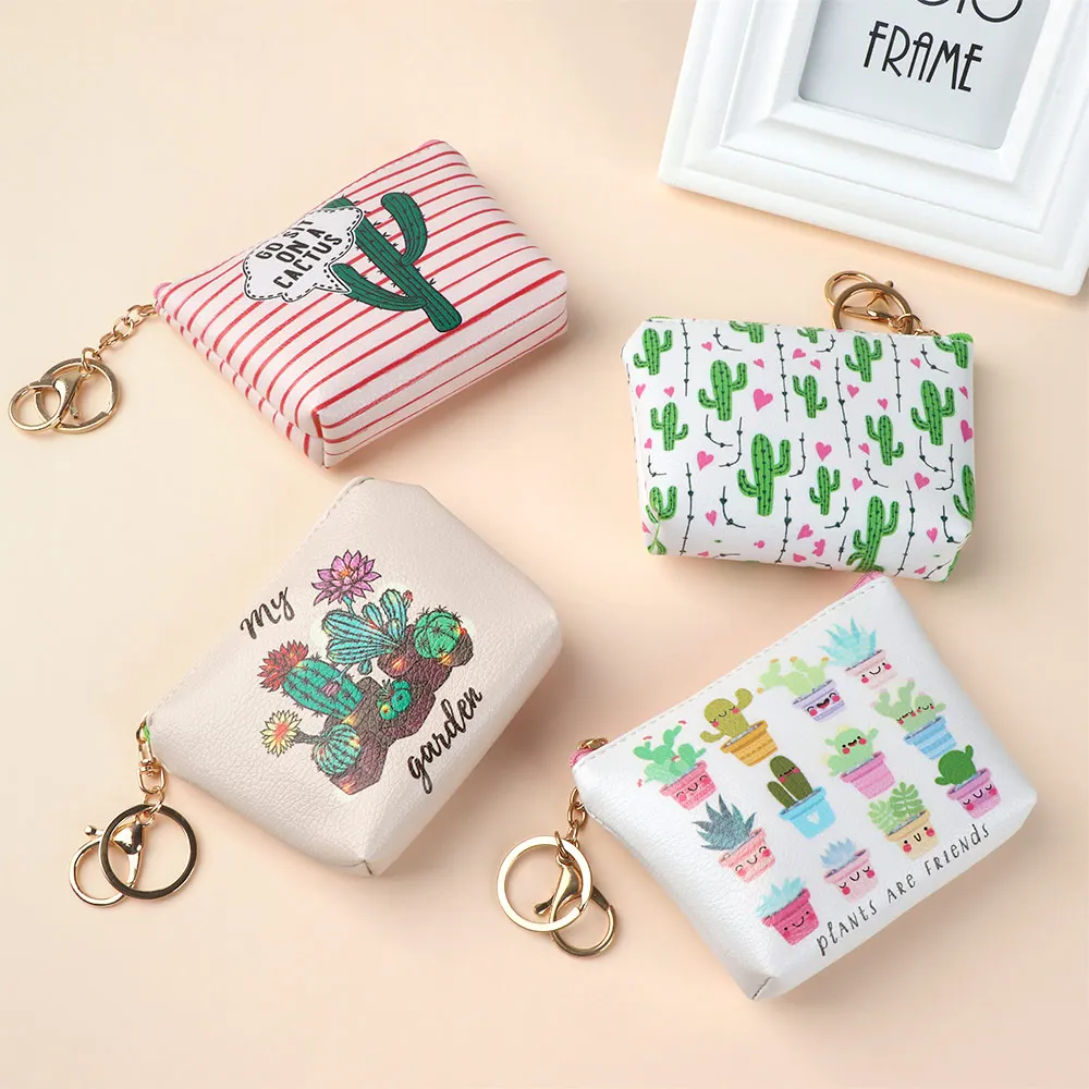 

1Pc Women Girl Coin Purse PU Leather Cartoon Cactus Design Zipper Change Key Holder Fashion Cute Credit Card Pouch for Girls