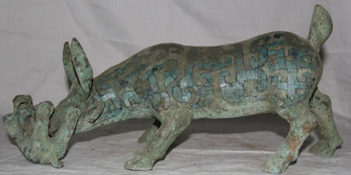 

JP S0524 16 Archaic Chinese Dynasty Bronze Inlay Turquoise Mother Son Sheep Beast Statue B0403