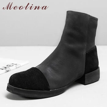 

Meotina Women Med Heel Genuine Leather Ankle Boots Winter Real Leather Boots Zipper Round Toe Autumn Fashion Female Shoes 34-39