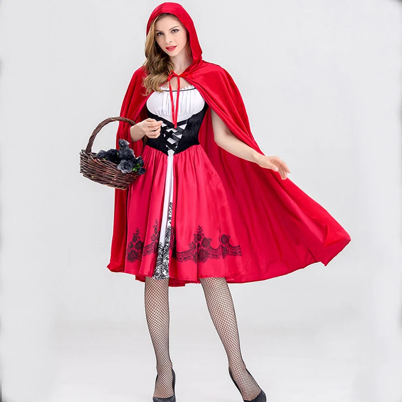 

Halloween Adult Women Little Red Riding Hood Costume Girls Cosplay Fantasia Dress+Cloak For Party