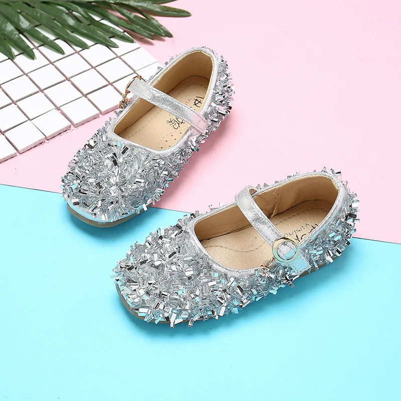 Black pink Silver Childrens leather shoes Girl Rhinestone Princess dancing shoes Kids Wedding Party Shoes For Girl 3-15T