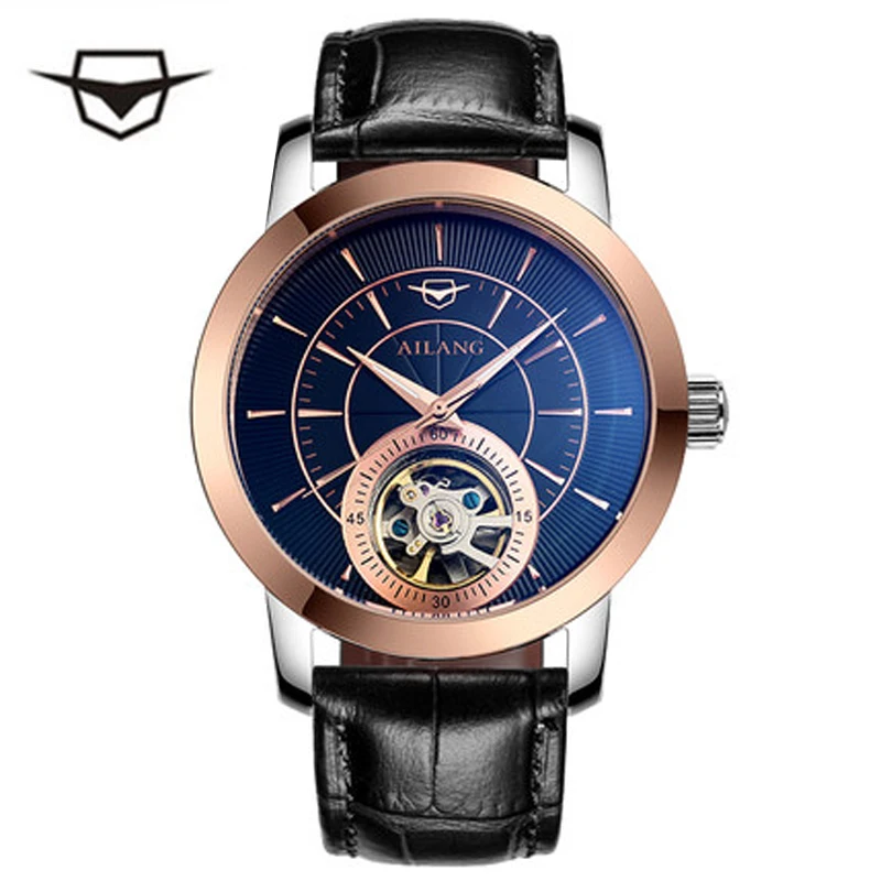 

Real China AILANG Brand Men's Wind Waterproof Leather Strap Automatic Mechanical Watch Tourbill Dial Black Men's Fashion