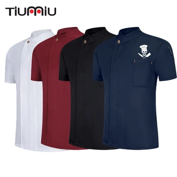 

2019 Chef Jacket Kitchen Food Service Short Sleeve Overalls Skull Print Chef Shirts Breathable Bakery Hotel Unisex Work Clothes
