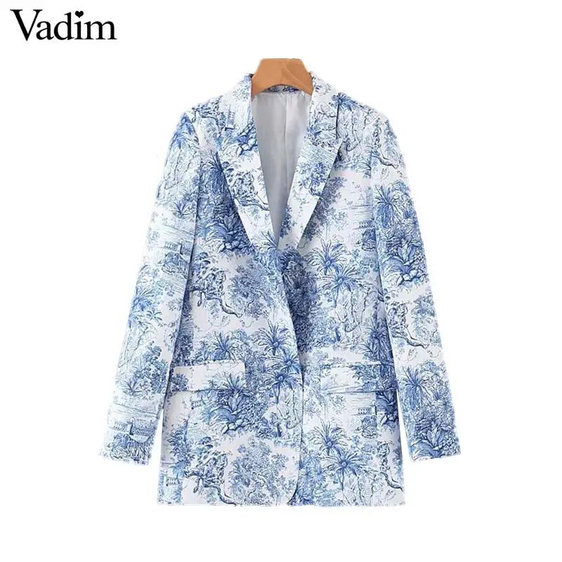 

Vadim women elegant print blazer notched collar open stitch pockets long sleeve female causal stylish outwear coats tops CA506
