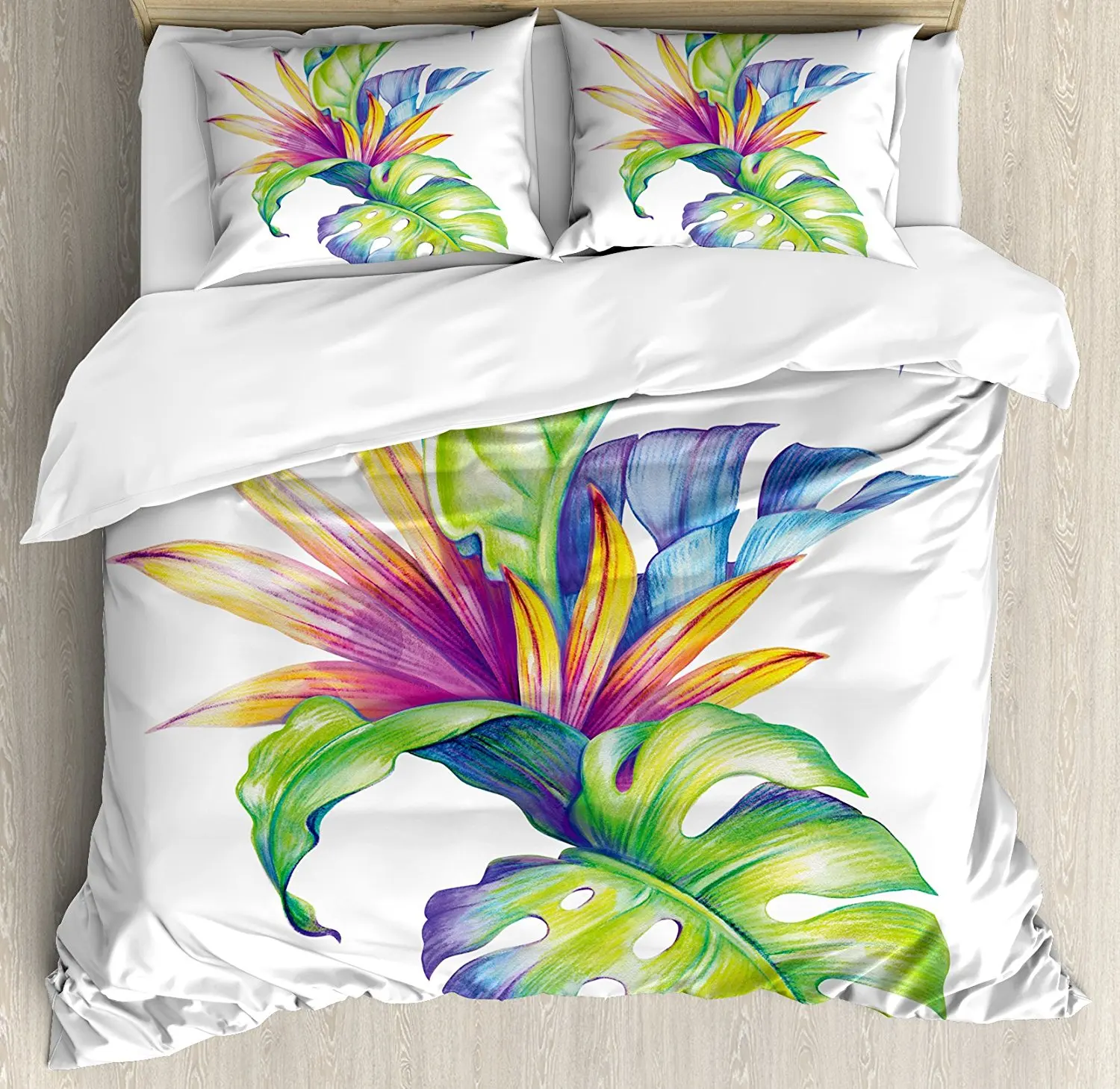 

Plant Duvet Cover Set Tropical Leaves and Monstera with Abstract Color Scheme Hawaiian Floral Elements, 4 Piece Bedding Set