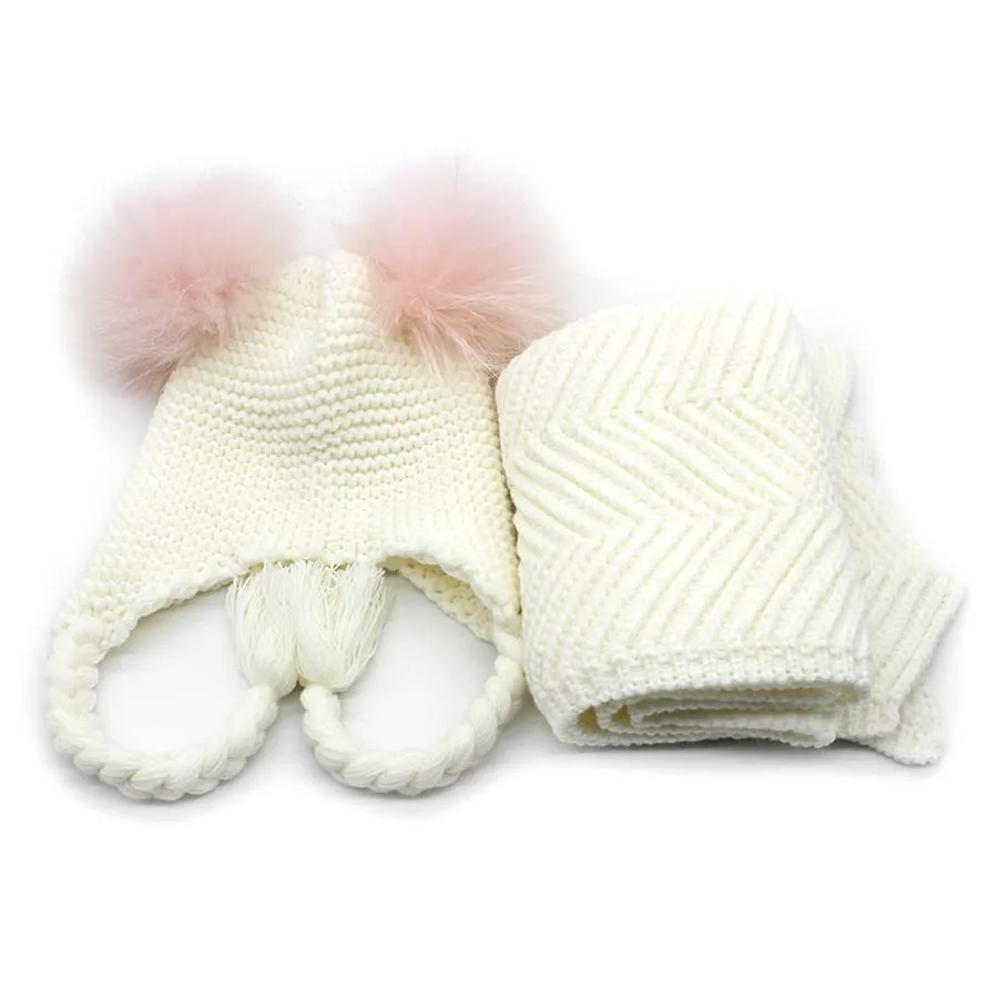 Детский набор шапки и шарфа для мальчиков и девочек, От 1 до 3 лет, популярные помпоны, косичка, зимние теплые шапочки - Цвет: White2