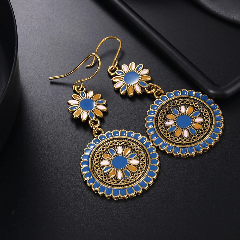 1 Pair Vintage Ethnic Flower Enamel Drop Dangle Earrings Hook Ear Studs Jewelry Gift 2 Colors