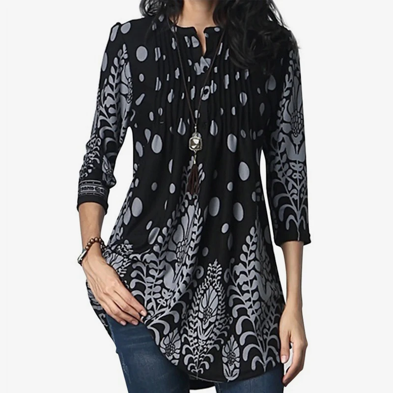 Print Pleated Boho O Neck Women Shirts 2018 Autumn Bohemian Button Plus Size Female Tunic Blouses Woman Slim 5XL Casual Shirt