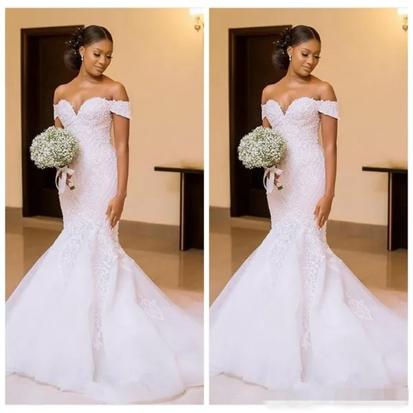 African Black Women 2018 Mermaid Wedding Dresses Bridal Gowns Off Shoulder Lace Appliques Slim Beautiful Ladies Vestidos De Mariee