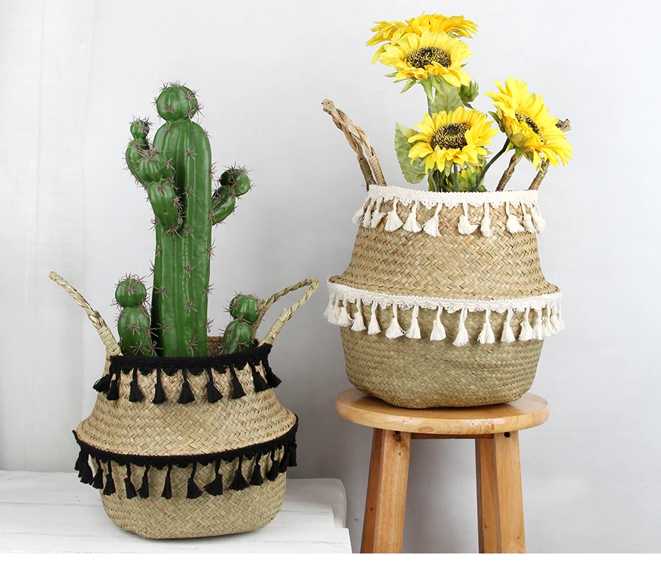 Seagrass Woven Storage Basket Plant Wicker Hanging Baskets Garden Flower Vase Potted Foldable Pot with Handle Storage Basket