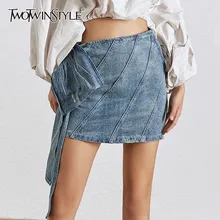 TWOTWINSTYLE летняя однотонная джинсовая юбка с высокой талией, женская тонкая Асимметричная мини-юбка с бантом на подоле для женщин, мода, новинка