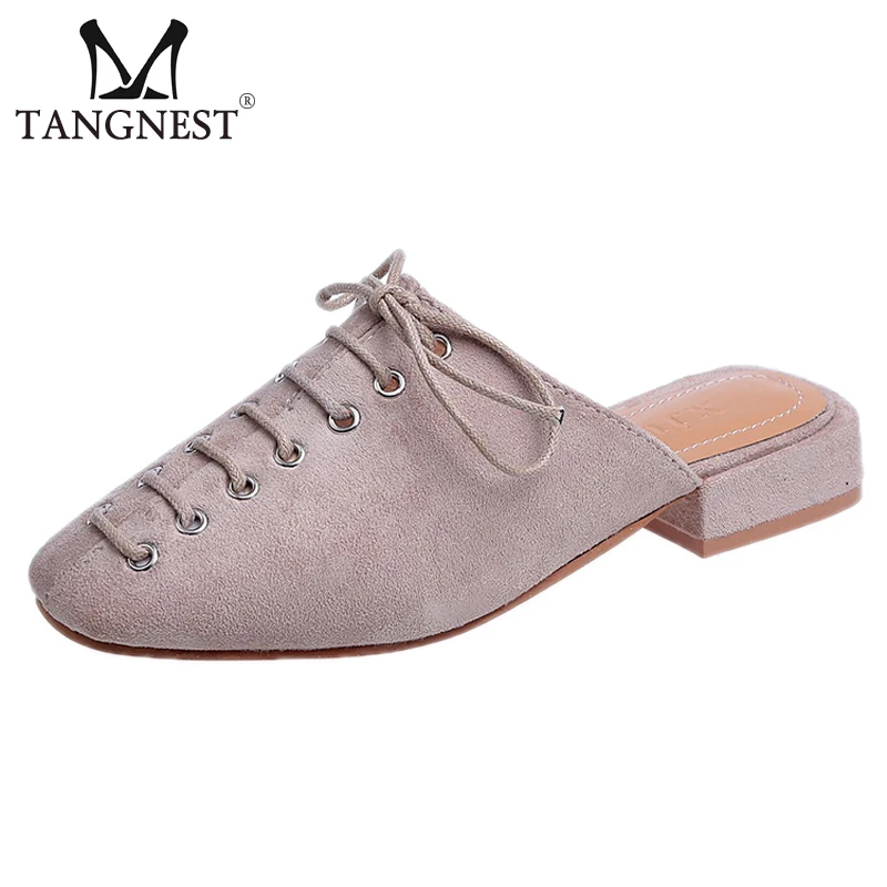 

Tangnest 2019 Spring Mules Women Outside Low Square Heels Butterfly-Knot Slip On Square Toe Solid Slippers Ladies Shoes XWT1555